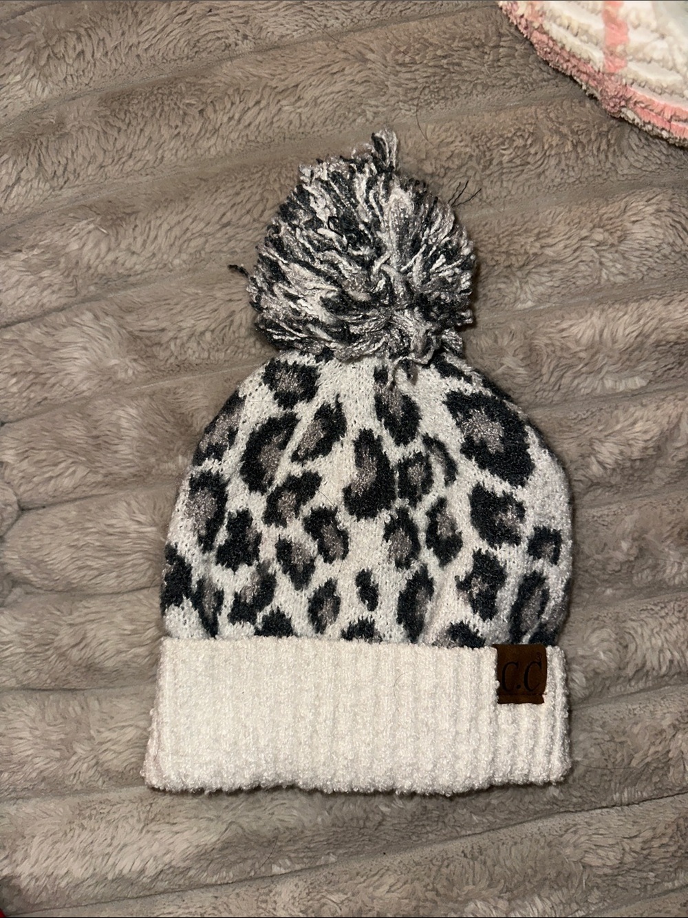 White & Gray Leopard Pom Beanie
